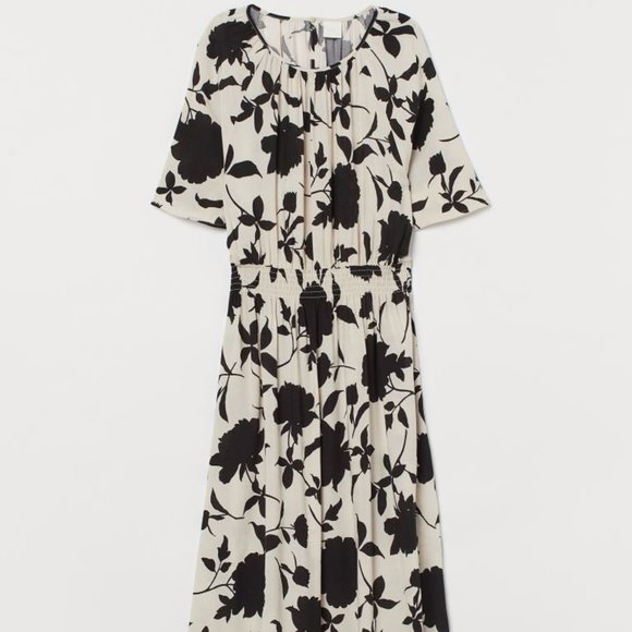 H&M Light Beige and Black Floral Calf Length Cinched Waist Women's Dress Size XS - Picture 1 of 10